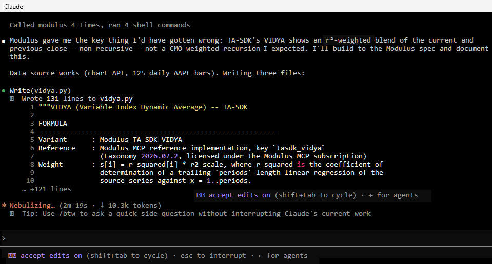 An AI coding session calling the Modulus MCP server, which corrects the assistant's assumption about the TA-SDK VIDYA indicator and supplies the licensed reference implementation.